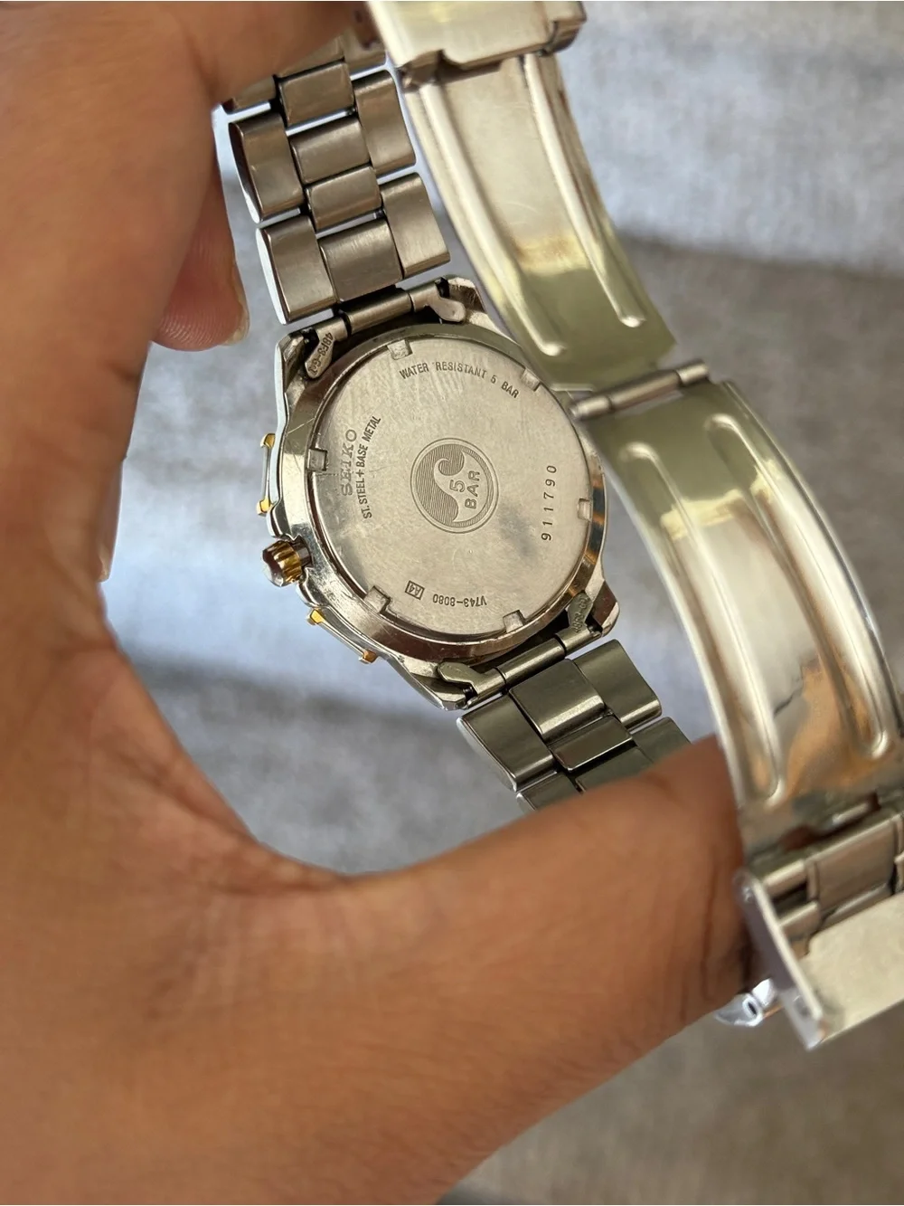 Seiko Blue Dial Stainless Steel Watch with Gold Accents Mens Watch